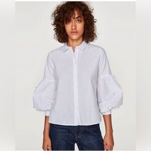 Zara pearl poplin button down with voluminous sleeves